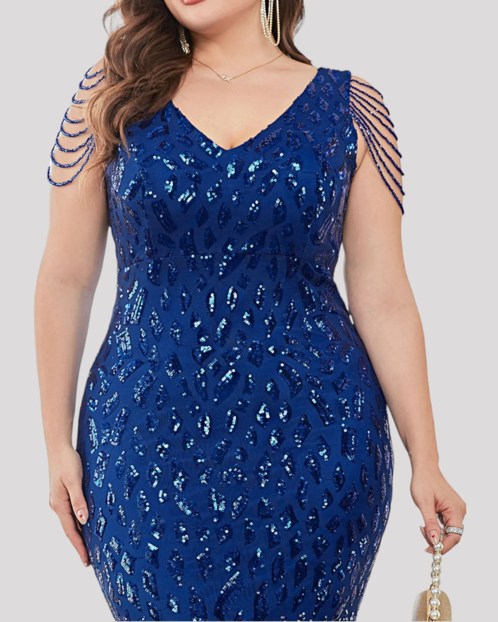 2 Tone Sequin Evening Dress with illusion Beading Sleeve