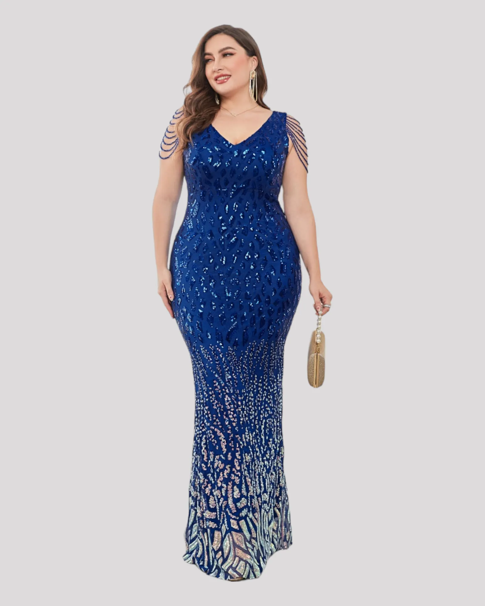 2 Tone Sequin Evening Dress with illusion Beading Sleeve