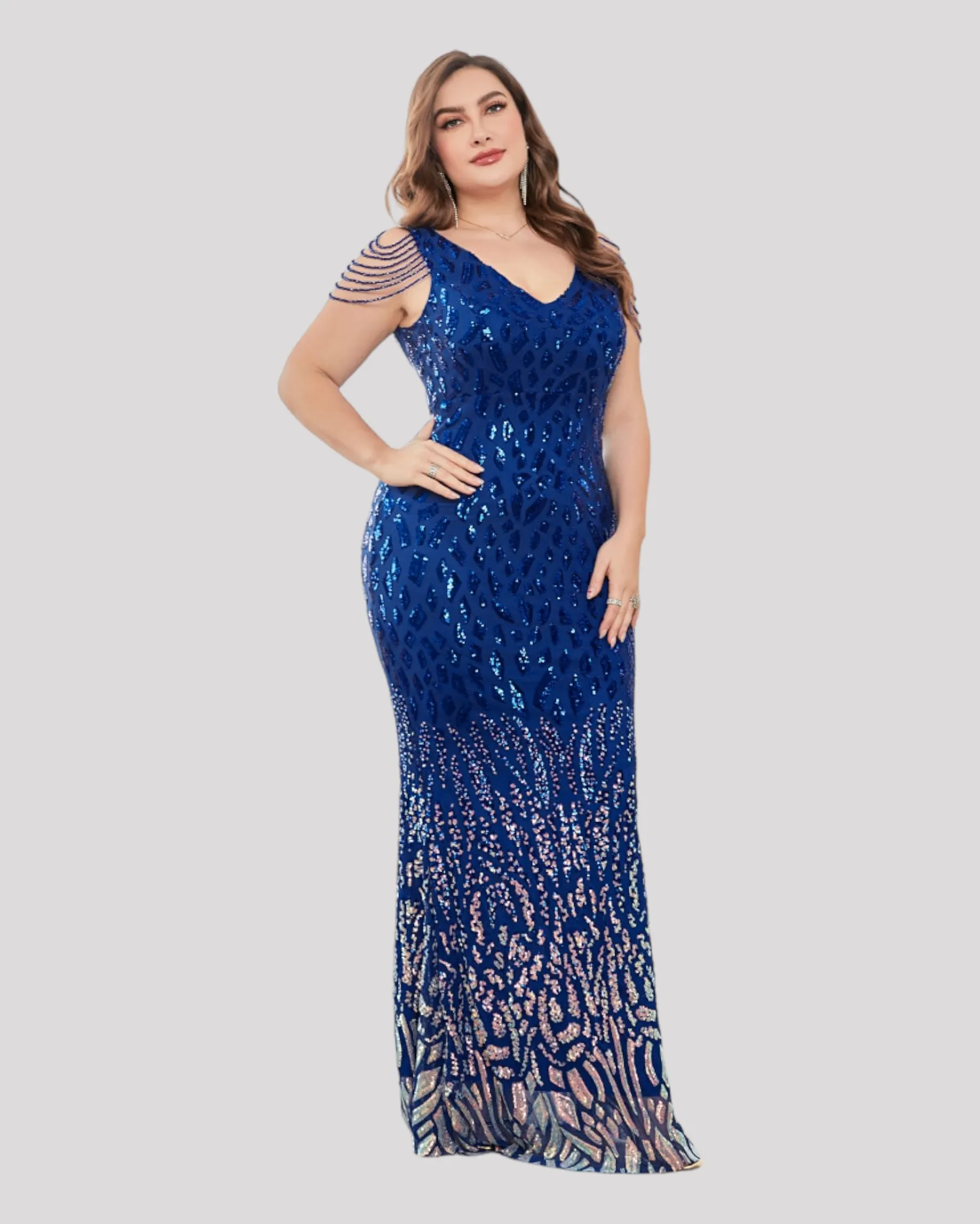 2 Tone Sequin Evening Dress with illusion Beading Sleeve