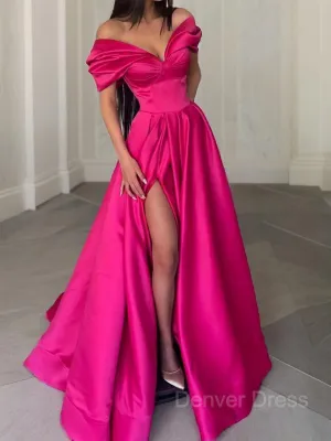 A-Line Off-the-Shoulder Sweep Train Satin Evening Dresses With Leg Slit