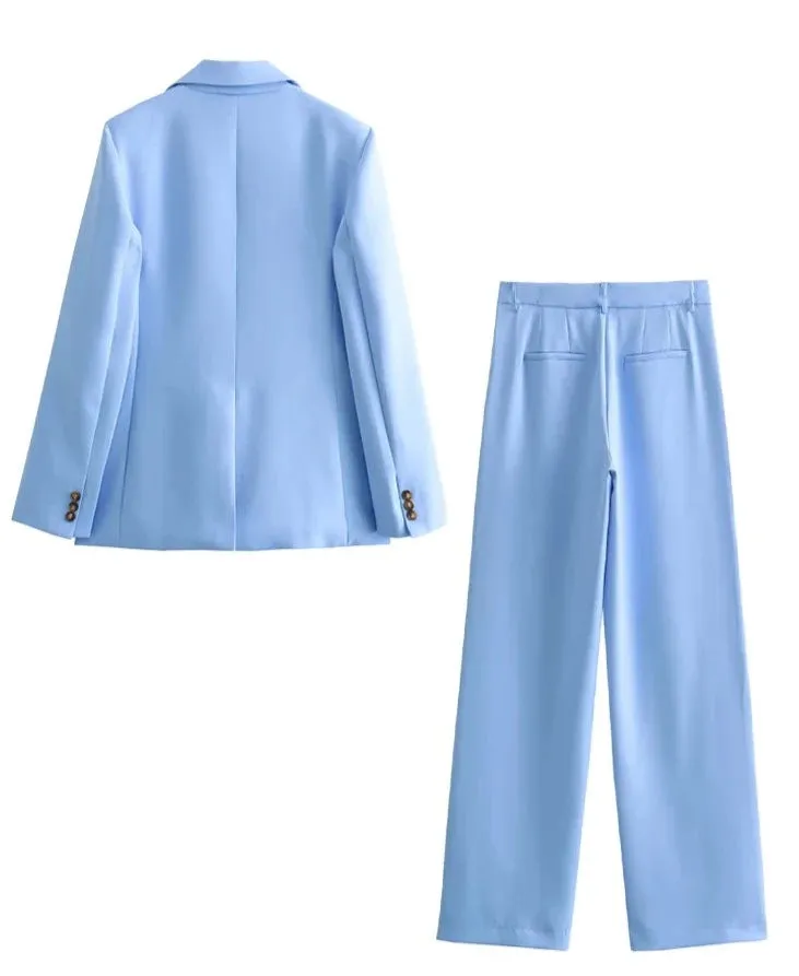 A&A Spring Blue Single Button Wide Leg Pant Suit