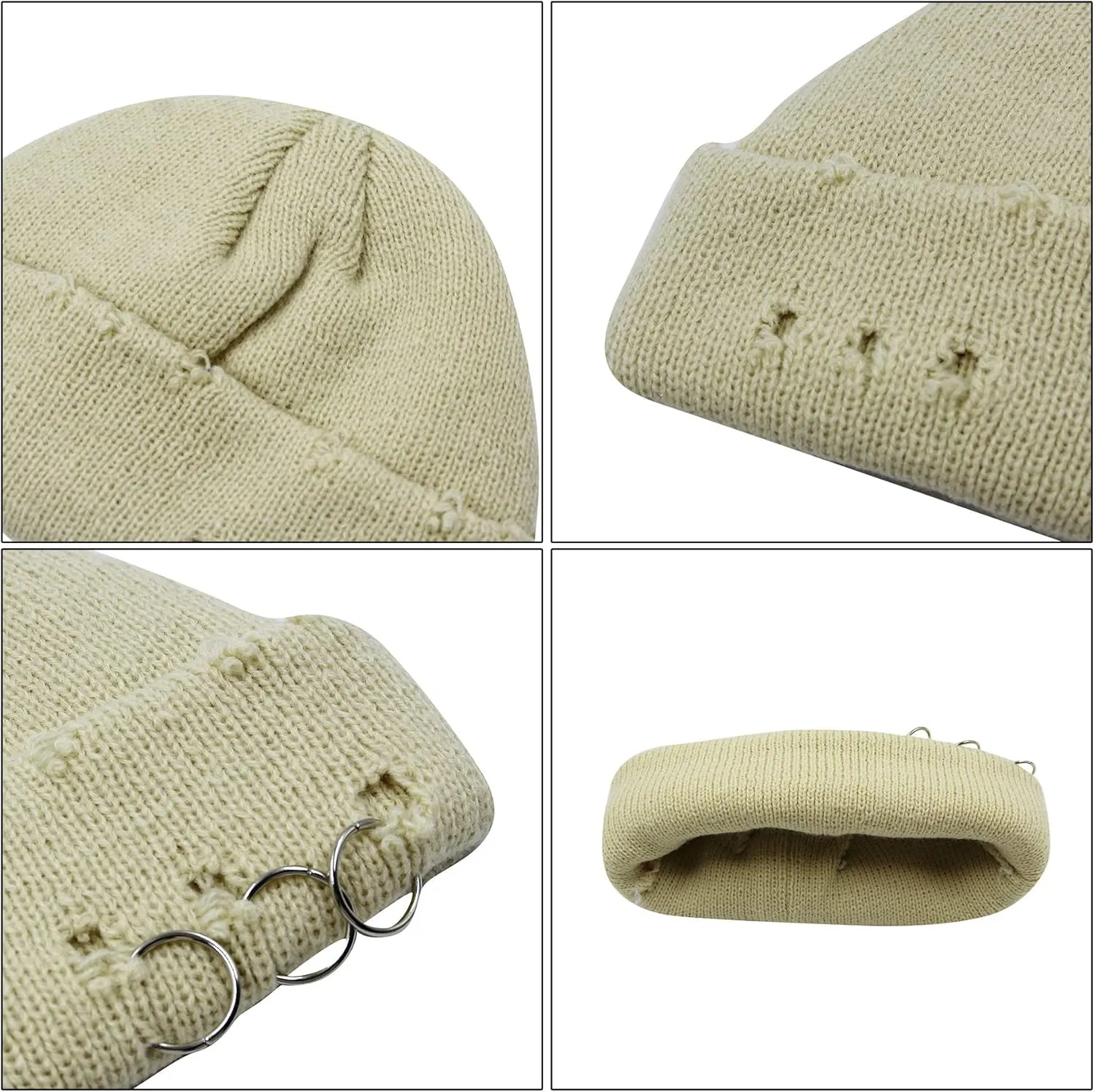 AIBEARTY Swag Short Fisherman Beanie for Men Women Rolled Cuff Beanie Skull Caps Wool Knit Winter Ski Hat with O Rings