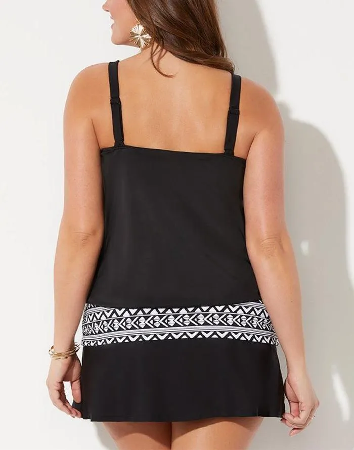 Black Loop Strap Blouson Tankini With A-Line Swim Skirt
