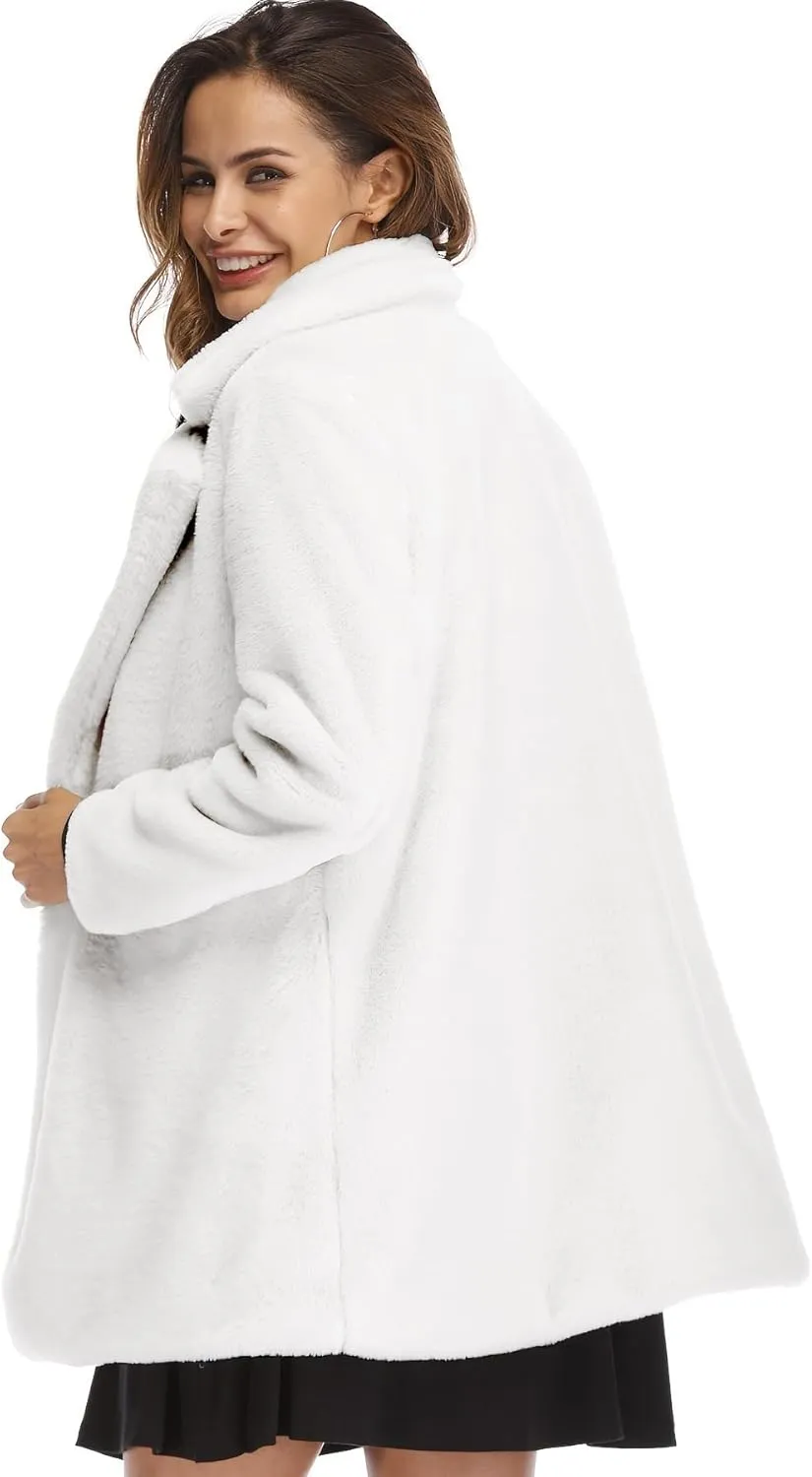 BOGURST Women Winter Faux Fur Fleece Coats Lapel Long Sleeve Snap Fashion Outerwear
