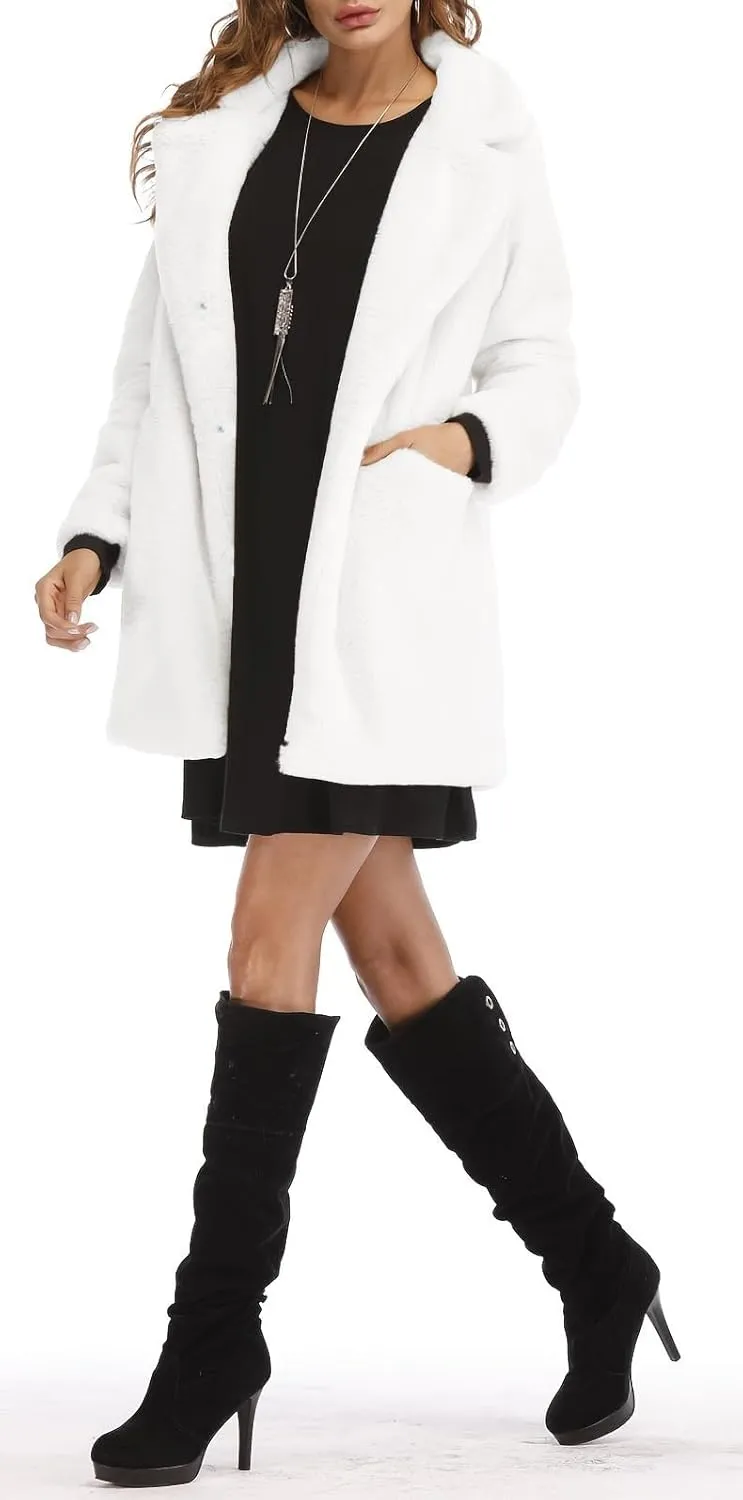 BOGURST Women Winter Faux Fur Fleece Coats Lapel Long Sleeve Snap Fashion Outerwear