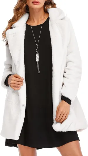 BOGURST Women Winter Faux Fur Fleece Coats Lapel Long Sleeve Snap Fashion Outerwear