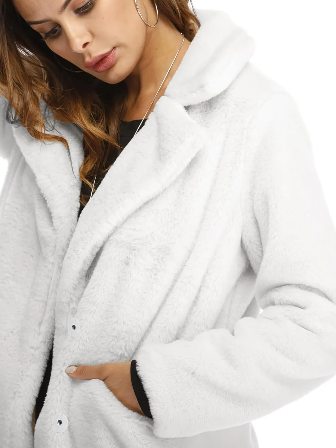 BOGURST Women Winter Faux Fur Fleece Coats Lapel Long Sleeve Snap Fashion Outerwear