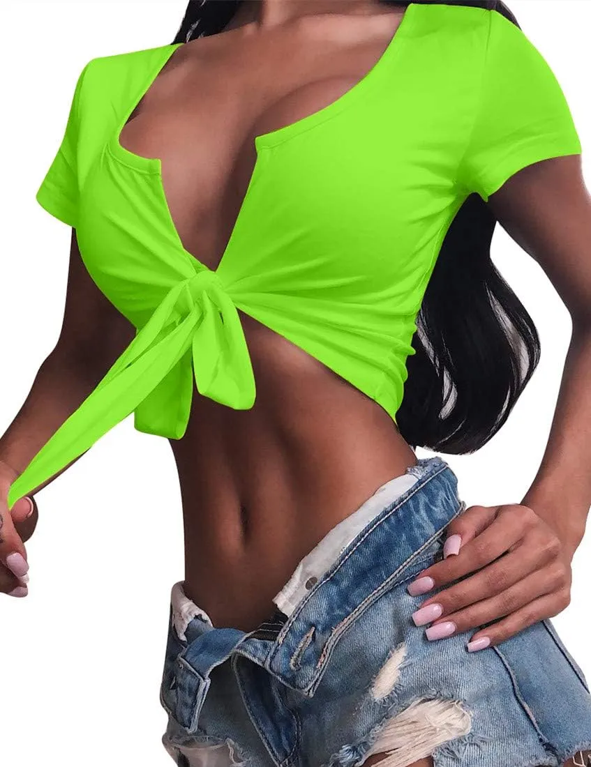 BORIFLORS Women's Sexy Tie Up Crop Top Short Sleeve Deep V Neck Casual Basic T Shirt