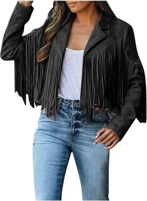 BOXIACEY Fringe Leather Jacket Women Vintage Faux Suede Tassel Outerwear Fashion Biker Open Front Coat Hippie Crop Cardigan