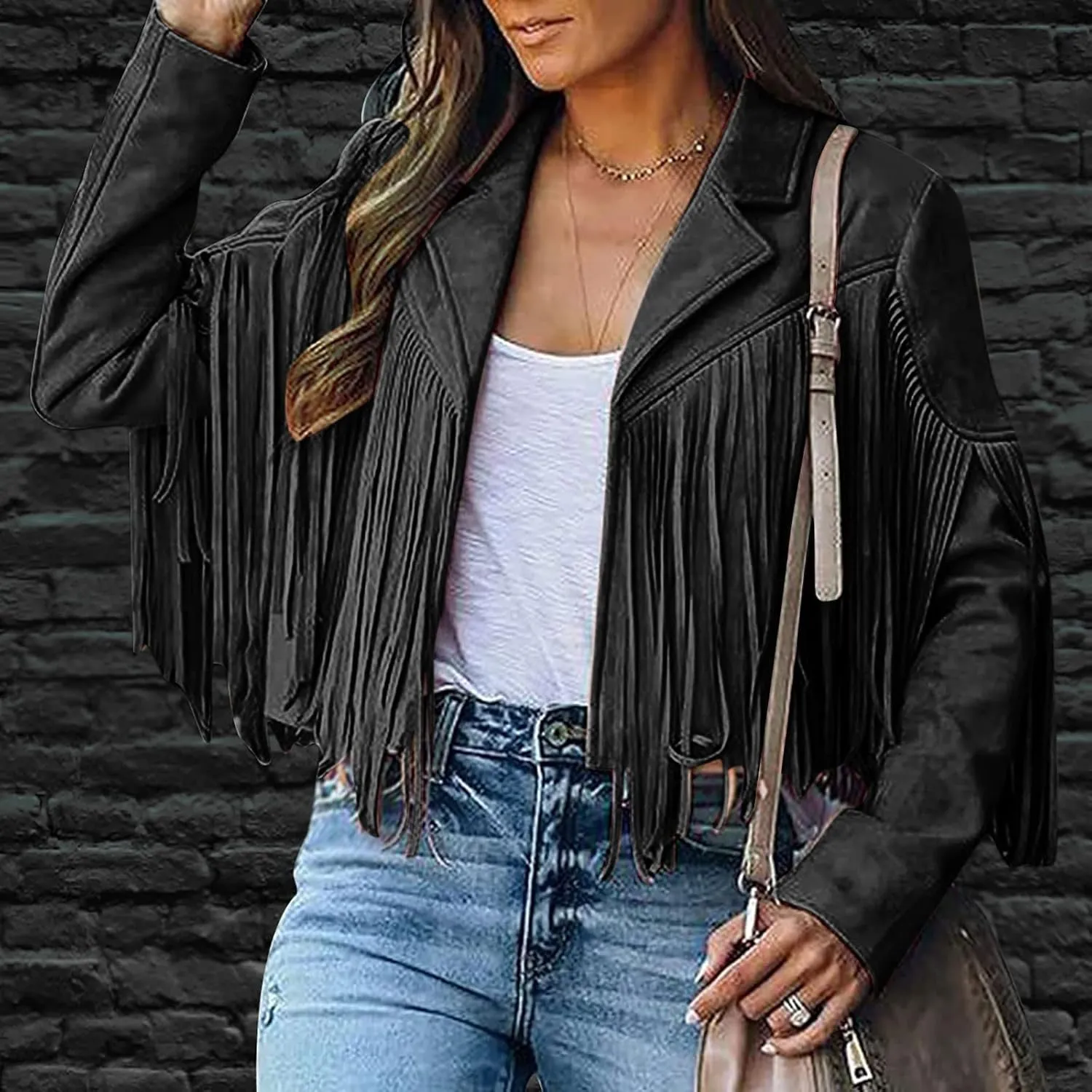BOXIACEY Fringe Leather Jacket Women Vintage Faux Suede Tassel Outerwear Fashion Biker Open Front Coat Hippie Crop Cardigan