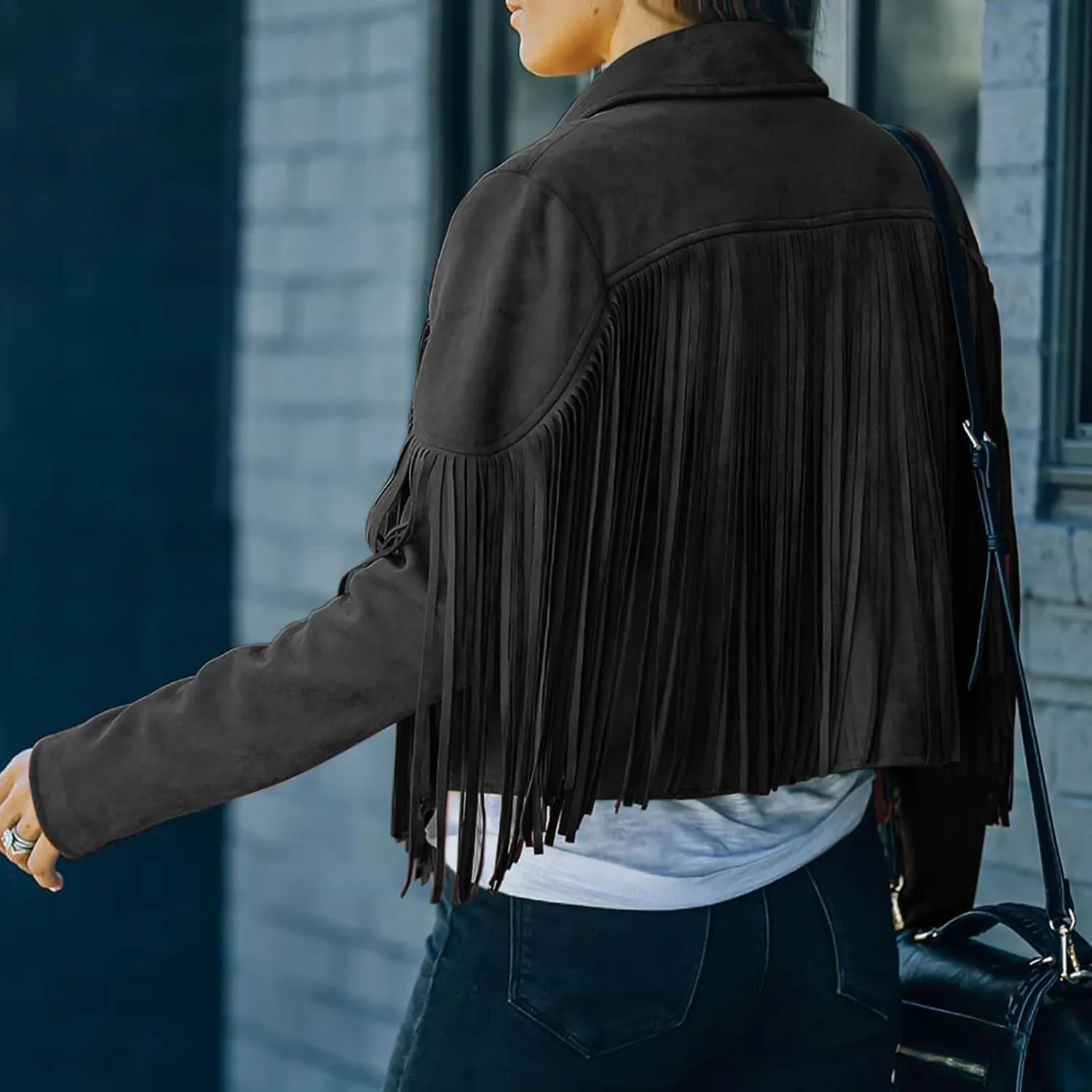 BOXIACEY Fringe Leather Jacket Women Vintage Faux Suede Tassel Outerwear Fashion Biker Open Front Coat Hippie Crop Cardigan