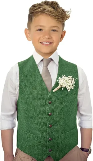 Boy's Herringbone Tweed Suit Vest Casual Wool Blend Waistcoat