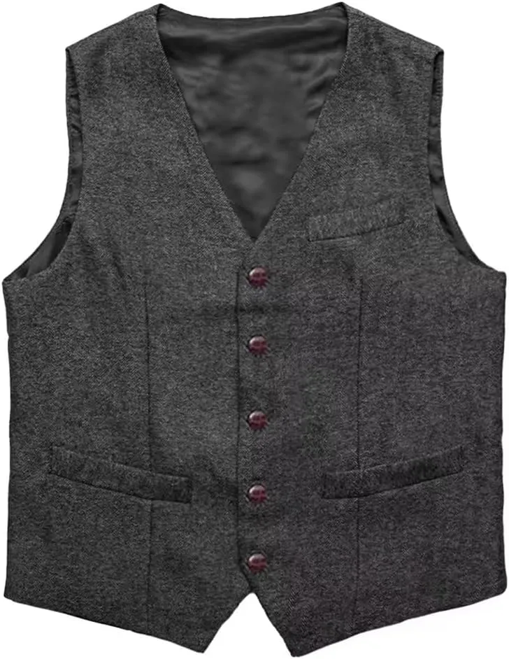 Boy's Herringbone Tweed Suit Vest Casual Wool Blend Waistcoat