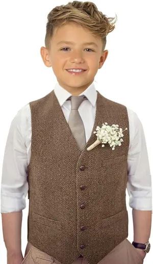 Boy's Herringbone Tweed Suit Vest Casual Wool Blend Waistcoat