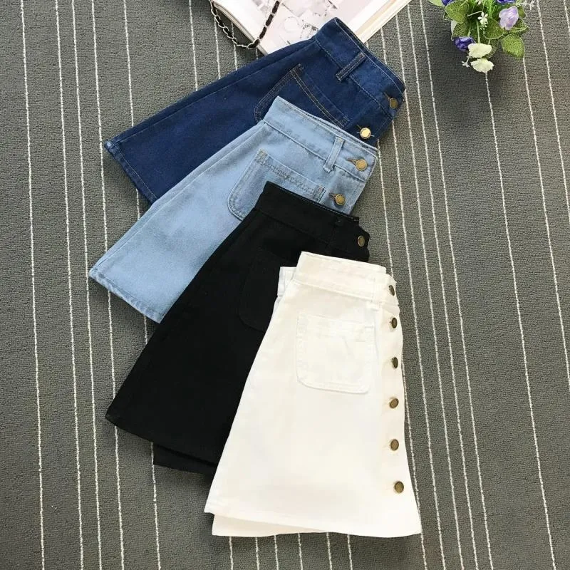 Button A-line High Waist Mini Denim Skirt