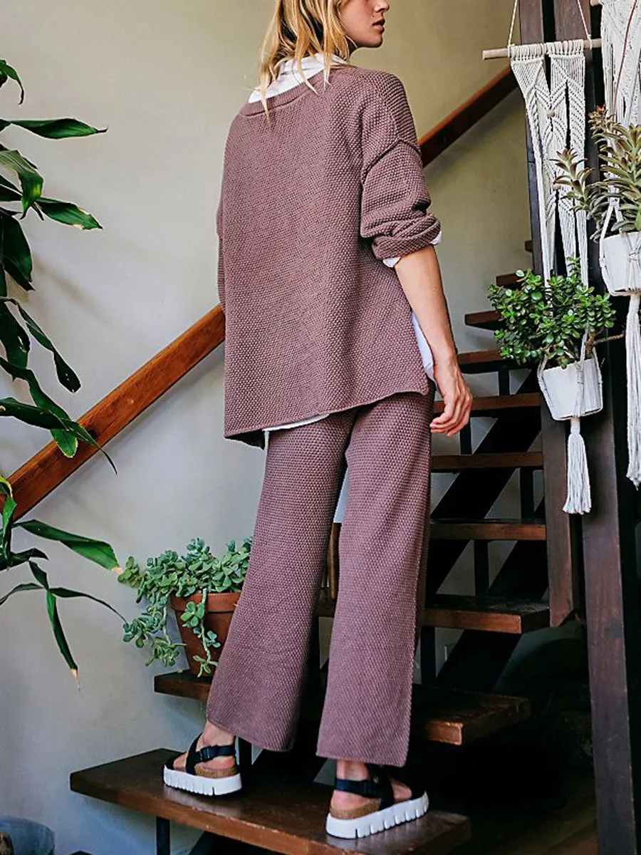 Button Collar Loose Tops Casual Pants Knitted Suit