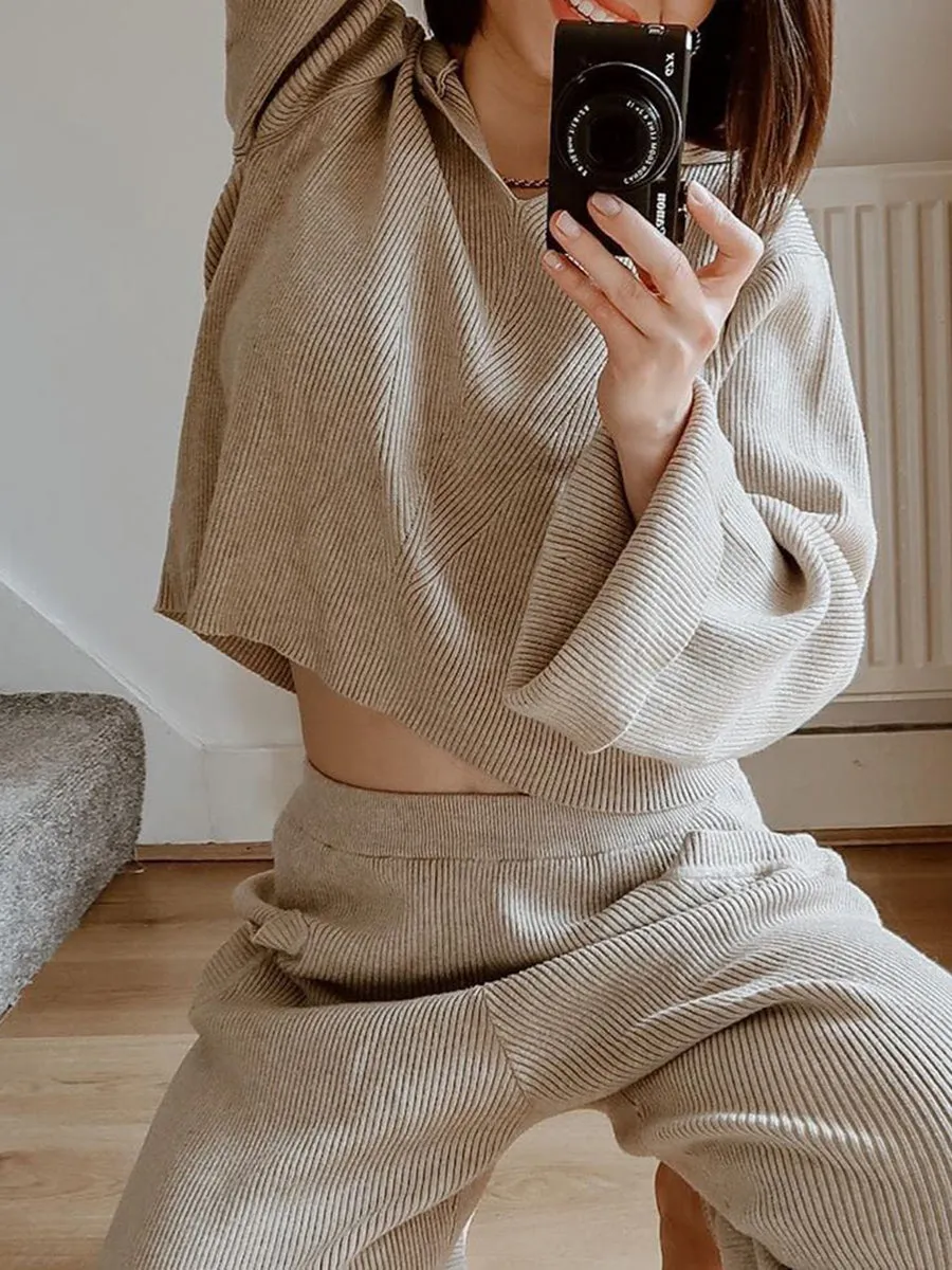 Casual Loose Hooded Top Pants Knitted Suit
