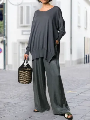Casual Round Neck Split Solid Color Ladies Two-piece Suit