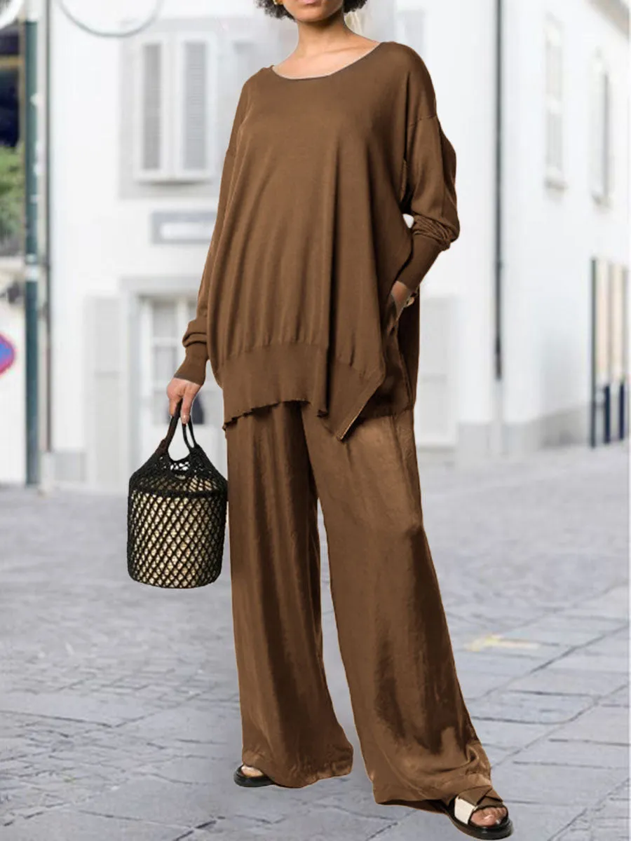 Casual Round Neck Split Solid Color Ladies Two-piece Suit