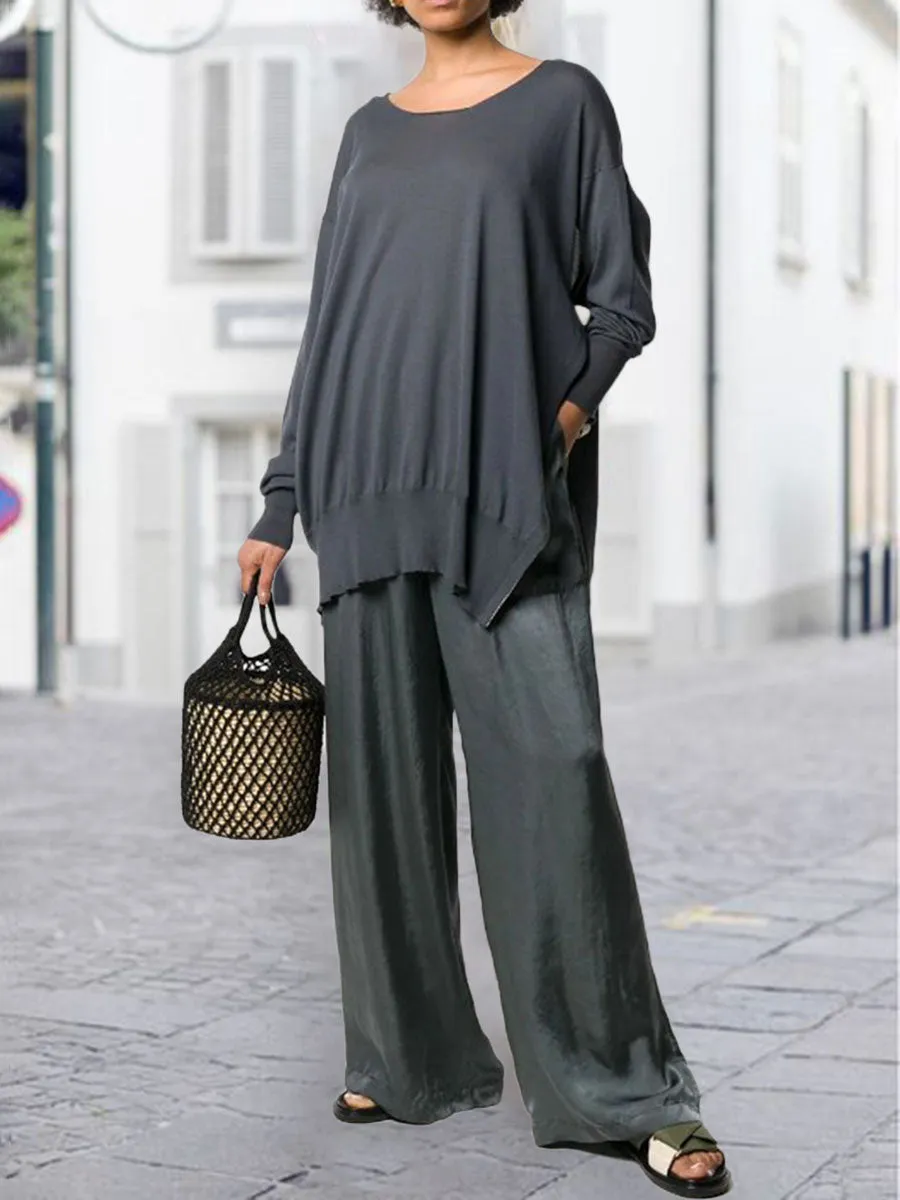 Casual Round Neck Split Solid Color Ladies Two-piece Suit