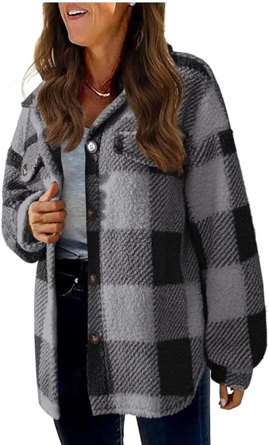 Ceboyel Womens 2023 Flannel Jacket Shackets Lapel Collar Plaid Shirt Fall Winter Trendy Clothes With Pockets