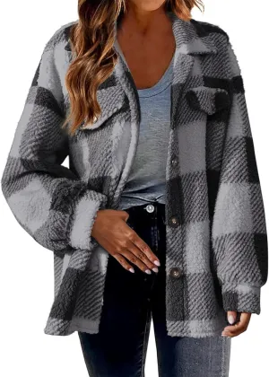 Ceboyel Womens 2023 Flannel Jacket Shackets Lapel Collar Plaid Shirt Fall Winter Trendy Clothes With Pockets