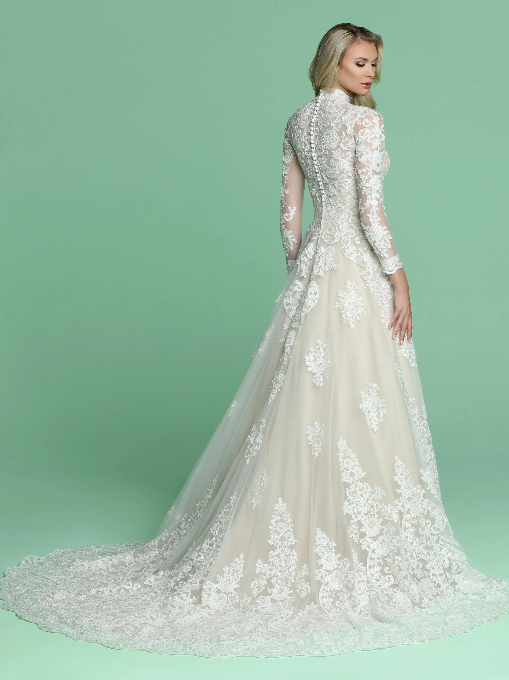 Davinci Bridal 50607 Long Sleeve Sheer Lace A Line Wedding Dress High Neck
