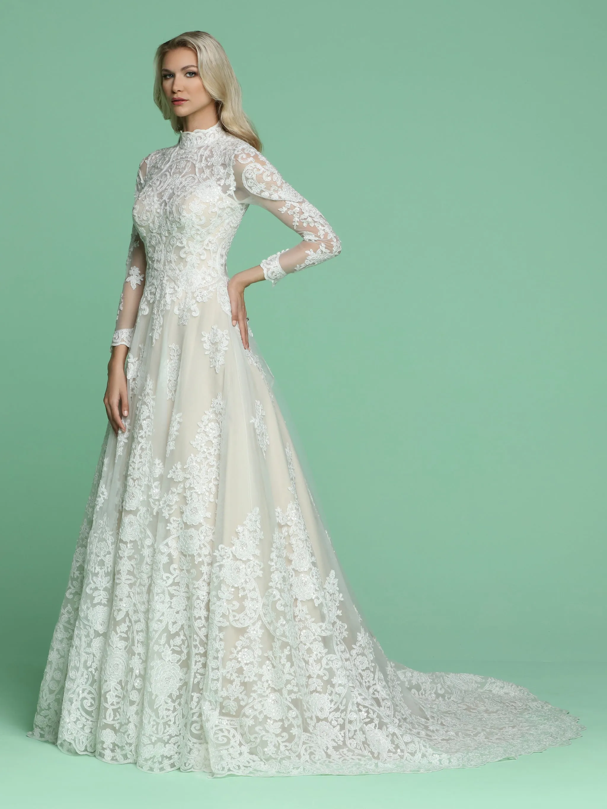 Davinci Bridal 50607 Long Sleeve Sheer Lace A Line Wedding Dress High Neck