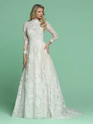 Davinci Bridal 50607 Long Sleeve Sheer Lace A Line Wedding Dress High Neck