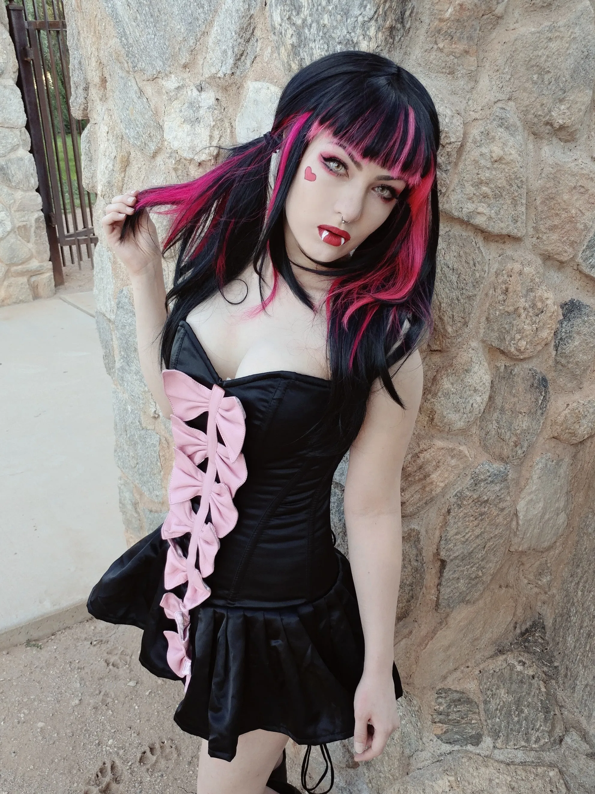 Draculaura cosplay corset dress from black satin and leather bows. Halloween, gothic, vampire cosplay dress