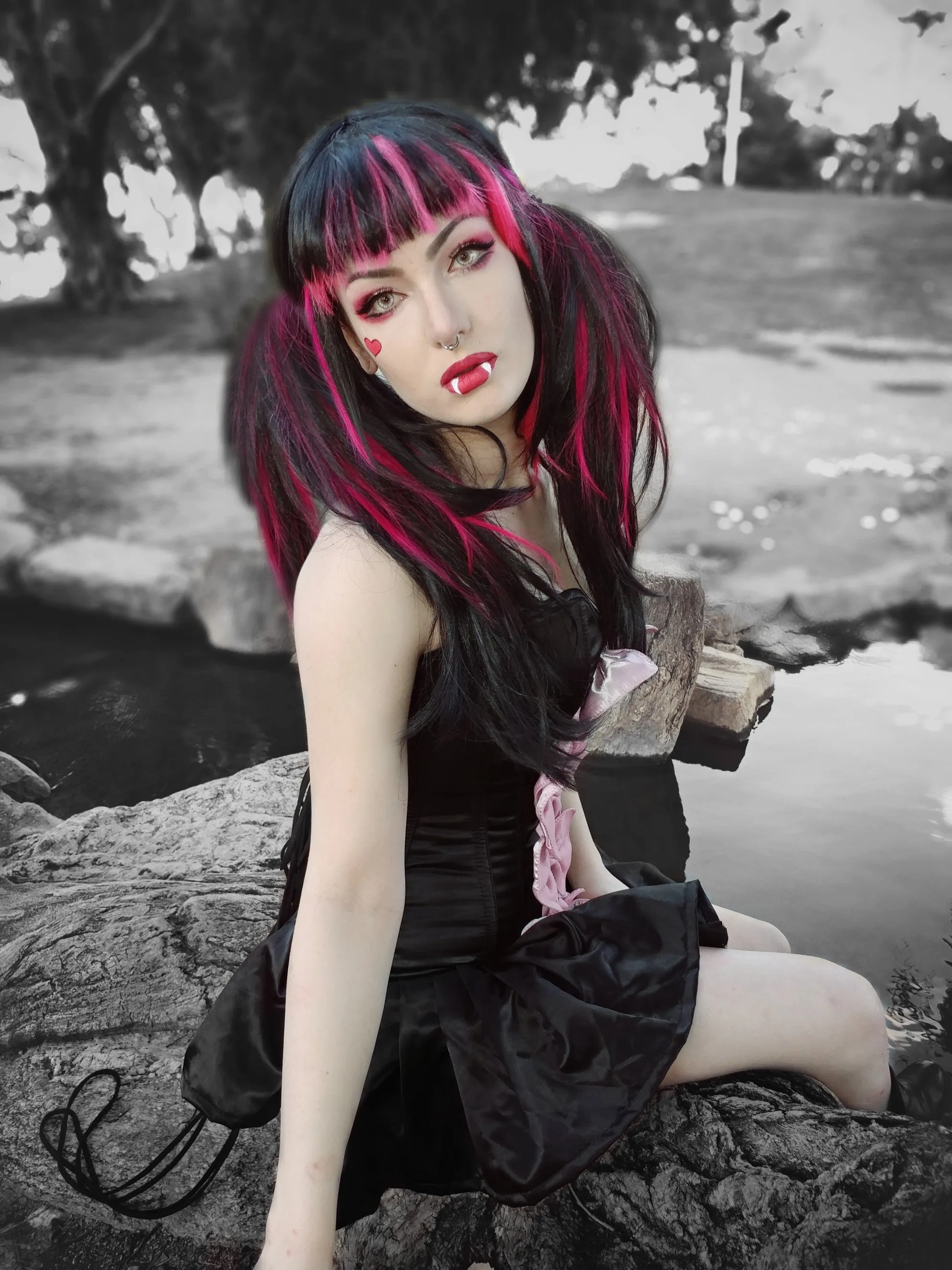 Draculaura cosplay corset dress from black satin and leather bows. Halloween, gothic, vampire cosplay dress