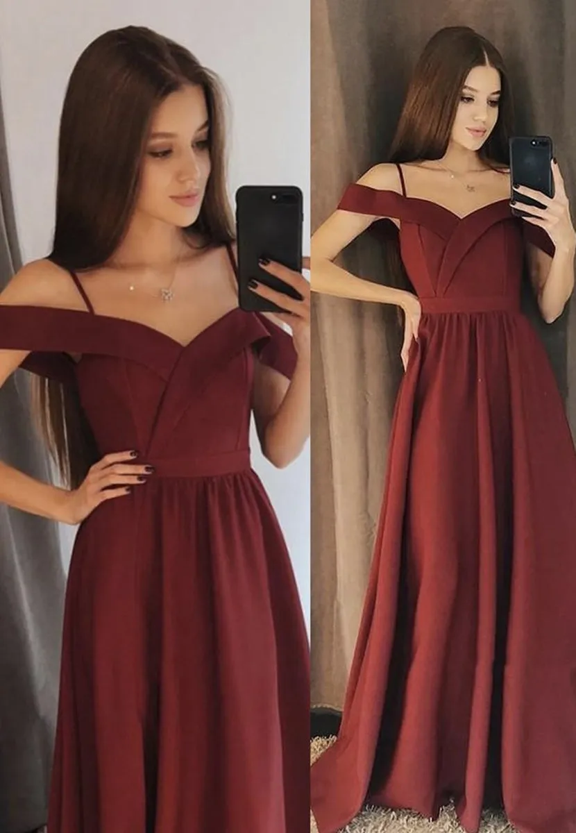 Elegant Off the Shoulder Burgundy Satin Long Prom Dress, Off Shoulder Burgundy Formal Graduation Evening Dress