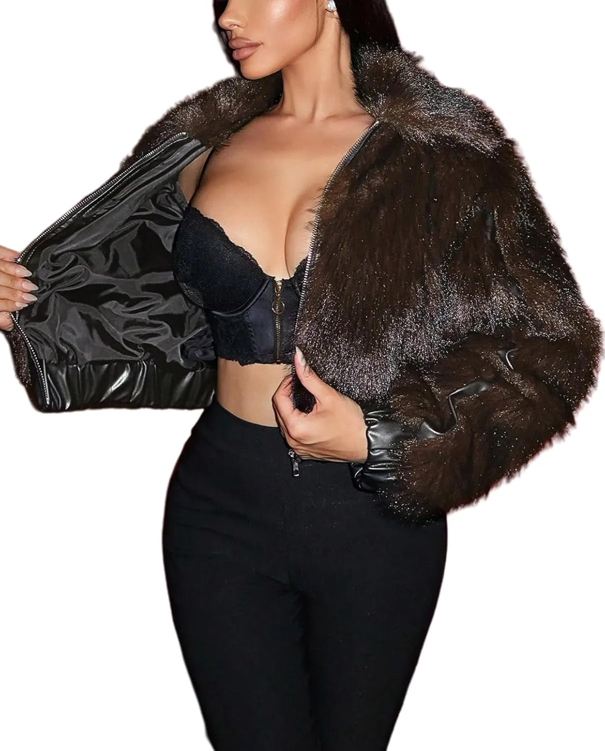 Faux Fur Jacket Women Zip Up Cropped Fur Coats Long Sleeve Open Front Jackets Outwear
