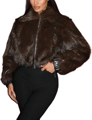 Faux Fur Jacket Women Zip Up Cropped Fur Coats Long Sleeve Open Front Jackets Outwear
