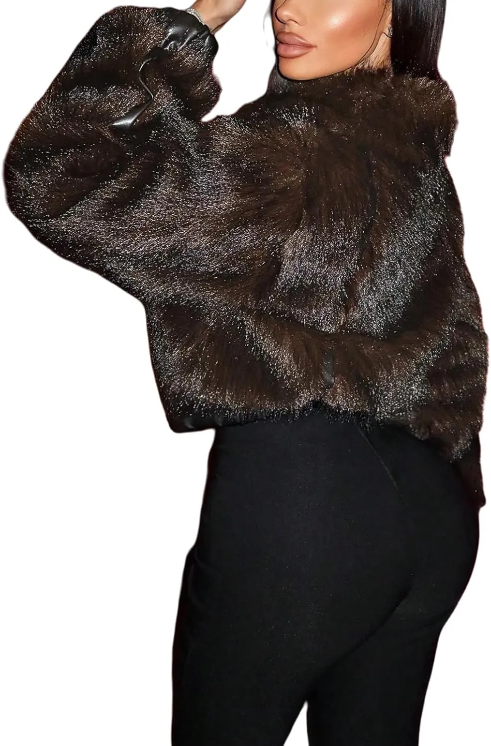 Faux Fur Jacket Women Zip Up Cropped Fur Coats Long Sleeve Open Front Jackets Outwear