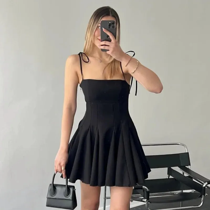 Girlary Folds Mini Suspender Dress For Women Lace Up Sleeveless Birthday Club Party Dress Solid Patchwork Female Elegant Summer