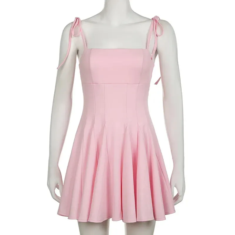 Girlary Folds Mini Suspender Dress For Women Lace Up Sleeveless Birthday Club Party Dress Solid Patchwork Female Elegant Summer