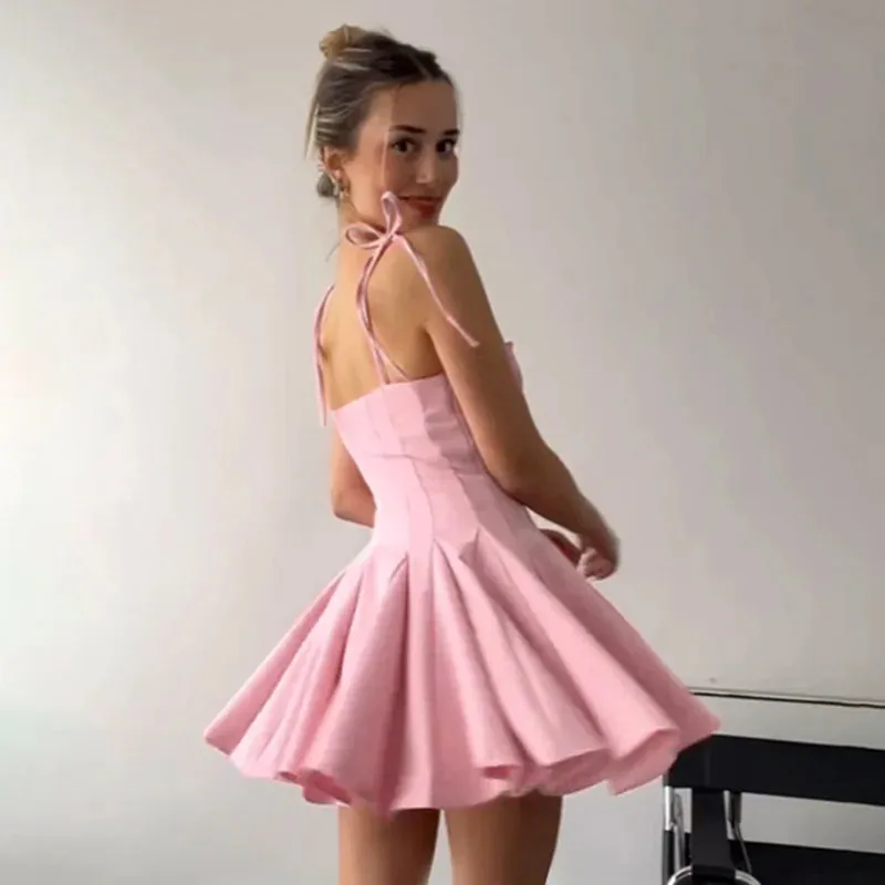Girlary Folds Mini Suspender Dress For Women Lace Up Sleeveless Birthday Club Party Dress Solid Patchwork Female Elegant Summer