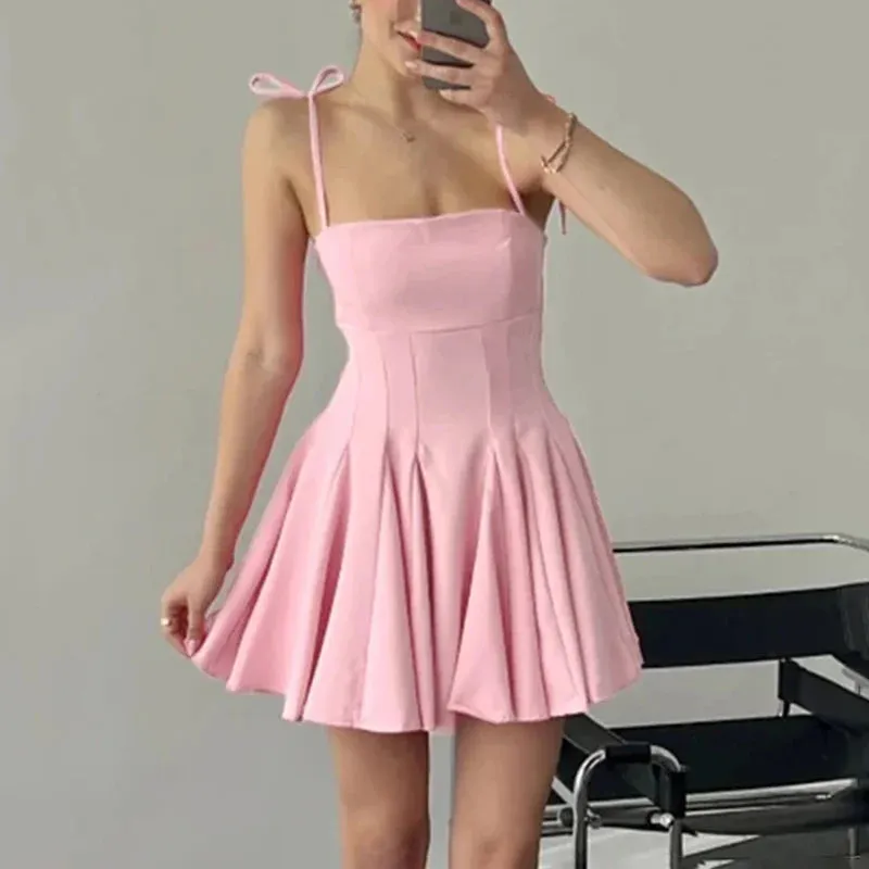 Girlary Folds Mini Suspender Dress For Women Lace Up Sleeveless Birthday Club Party Dress Solid Patchwork Female Elegant Summer