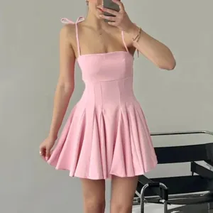 Girlary Folds Mini Suspender Dress For Women Lace Up Sleeveless Birthday Club Party Dress Solid Patchwork Female Elegant Summer