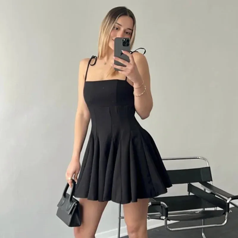 Girlary Folds Mini Suspender Dress For Women Lace Up Sleeveless Birthday Club Party Dress Solid Patchwork Female Elegant Summer