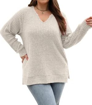 Gloria&Sarah Women's Casual Long Sleeve V Neck Lightweight Knitted Sweaters Loose Fit Plus Size Tunic Tops L-4XL