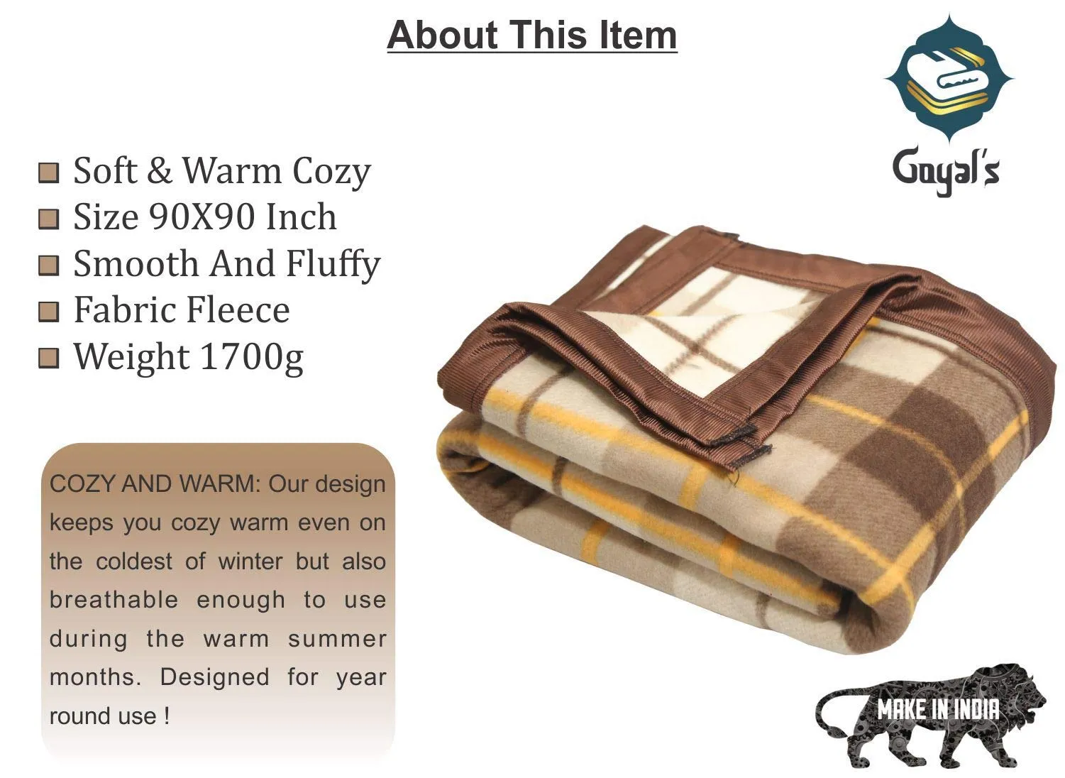 Goyal's Modern Checker Polar Fleece All Season Blanket Double Bed with Satan Border, 90x90 Inches - Brown
