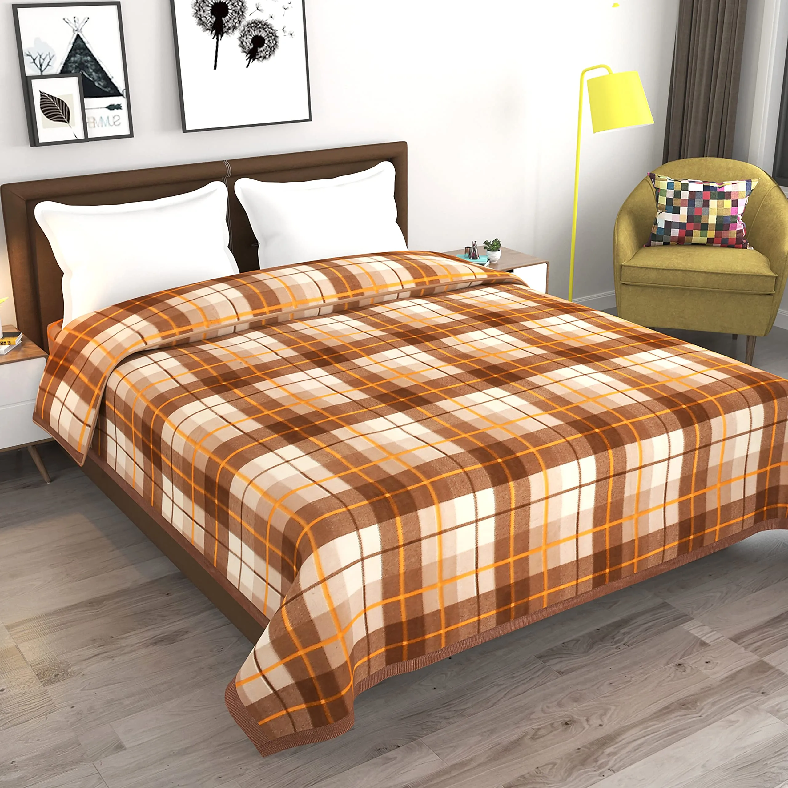 Goyal's Modern Checker Polar Fleece All Season Blanket Double Bed with Satan Border, 90x90 Inches - Brown