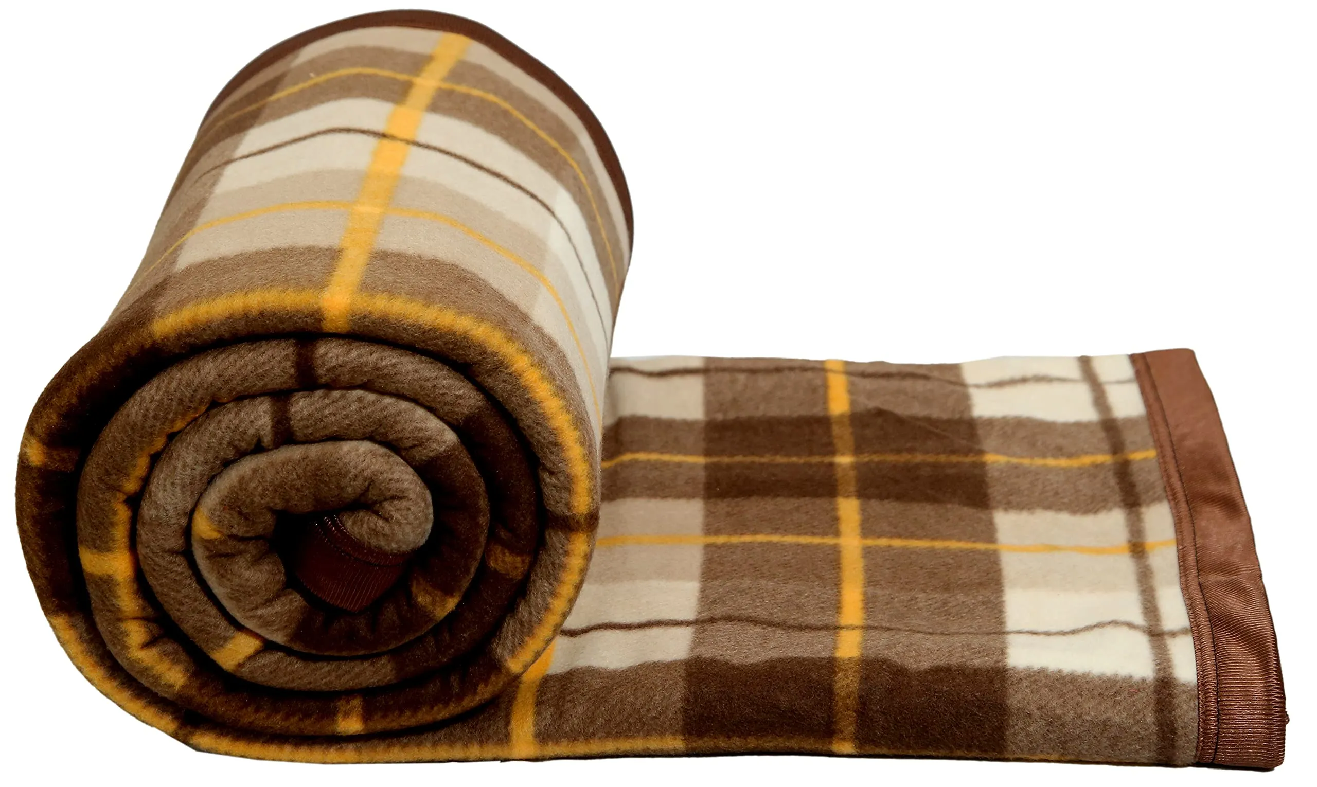 Goyal's Modern Checker Polar Fleece All Season Blanket Double Bed with Satan Border, 90x90 Inches - Brown