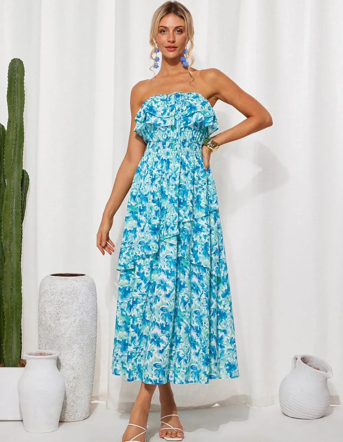 GRACE KARIN Women Summer Floral Maxi Dress Off The Shoulder Halter Sleeveless Ruffle A-Line Wedding Beach Sundress