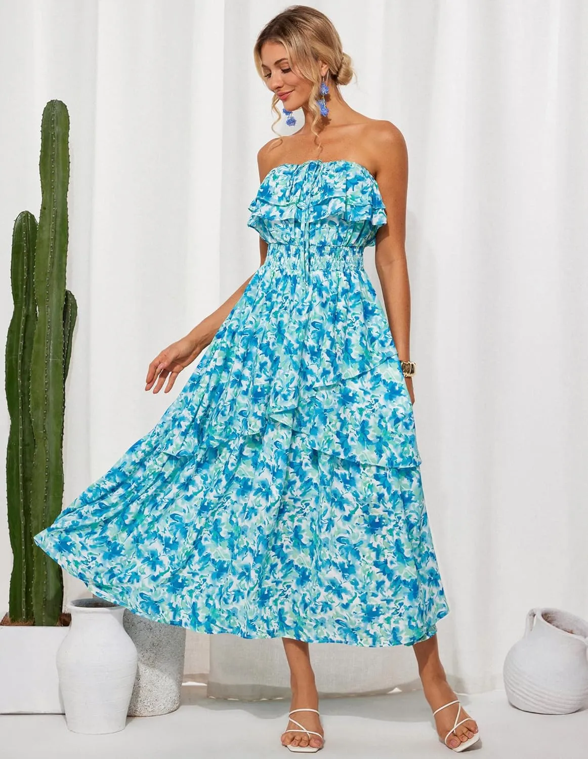 GRACE KARIN Women Summer Floral Maxi Dress Off The Shoulder Halter Sleeveless Ruffle A-Line Wedding Beach Sundress