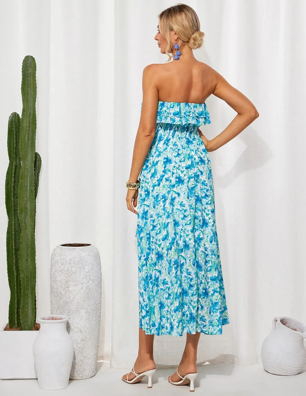 GRACE KARIN Women Summer Floral Maxi Dress Off The Shoulder Halter Sleeveless Ruffle A-Line Wedding Beach Sundress