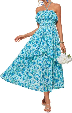 GRACE KARIN Women Summer Floral Maxi Dress Off The Shoulder Halter Sleeveless Ruffle A-Line Wedding Beach Sundress