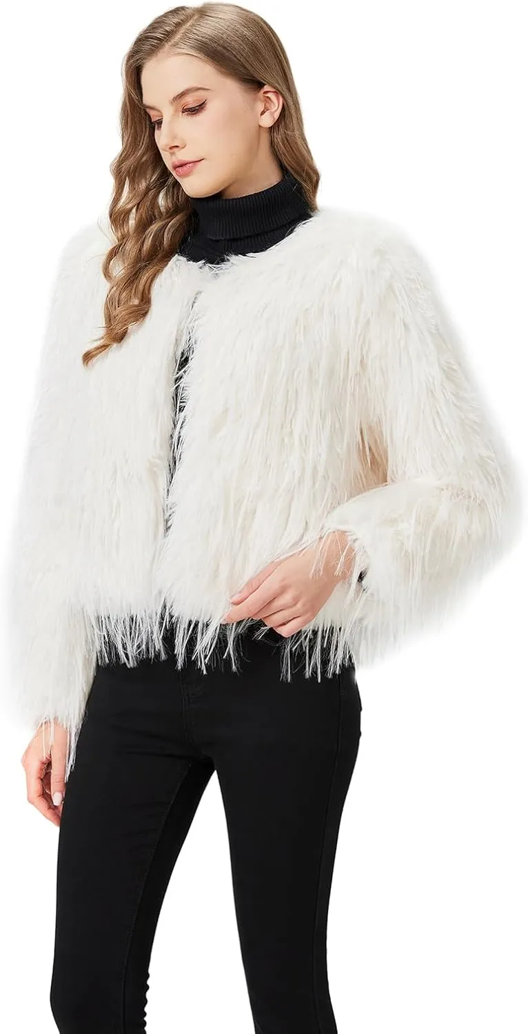 GRAN ORIENTE Women Winter Warm Shaggy Faux Fur Coat,Fluffy Fleece Open Front Long Sleeve Jacket Outerwear with Pockets